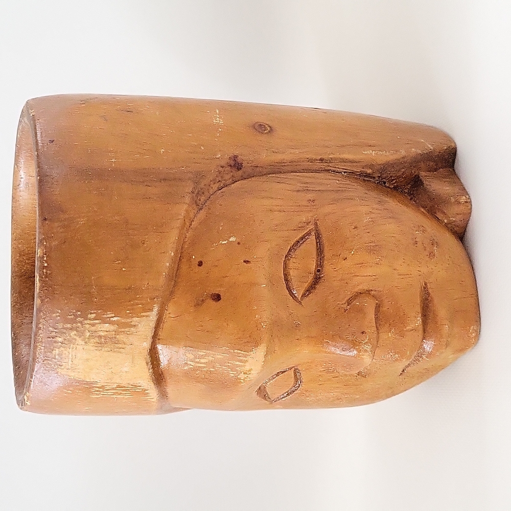 Vintage Wood Carved Face Mug Folk Art Hand Carved